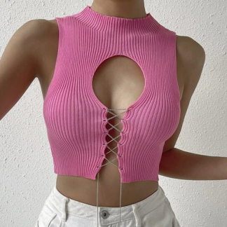 2026 New Sexy Hot Girl Hollow-out Strappy Solid Color Short Slim Fit Knitted Vest for Women