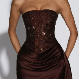 Strapless rhinestone-embellished fitted waist dress, satin asymmetrical mini skirt, party/nightclub form-fitting elegant evening gown.